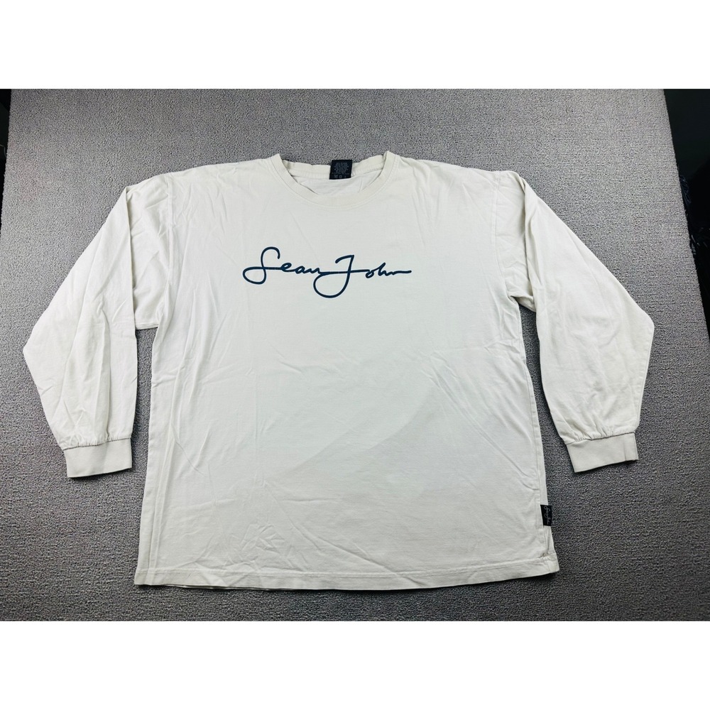 Y2K Sean John Long Sleeve T-Shirt Men XL White Signature Script‎ Relaxed Urban